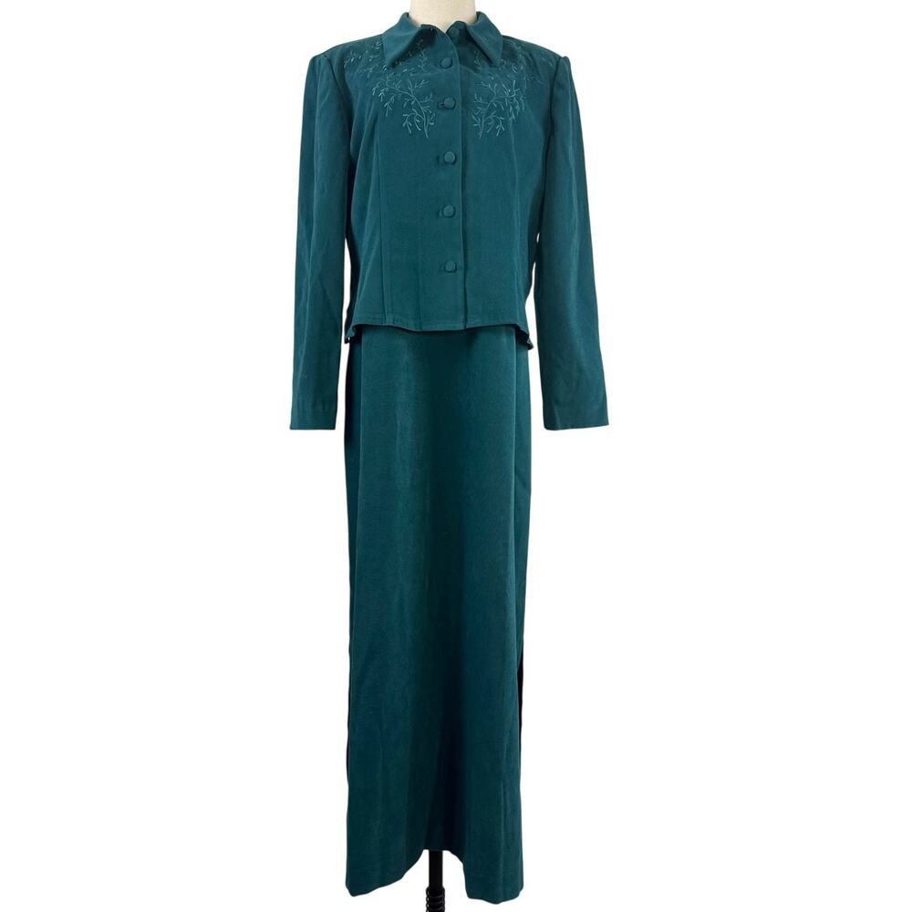 Vintage 90s Karin Stevens Teal Faux Suede Dress Jacket Set Size 14 Women's Large